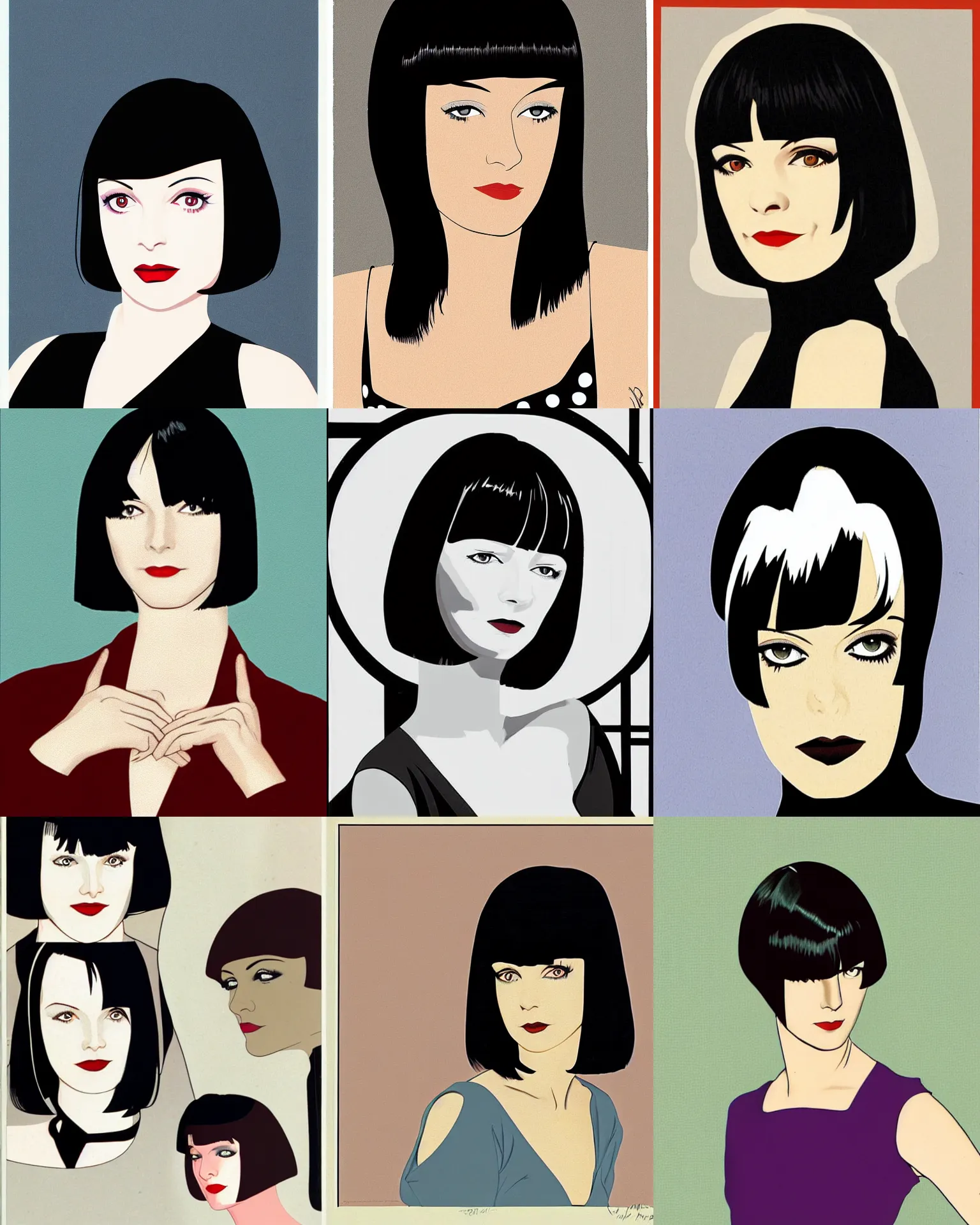 Prompt: mary louise brooks 2 5 years old as mia wallace, in pulp fiction 1 9 9 4, bob haircut, by patrick nagel