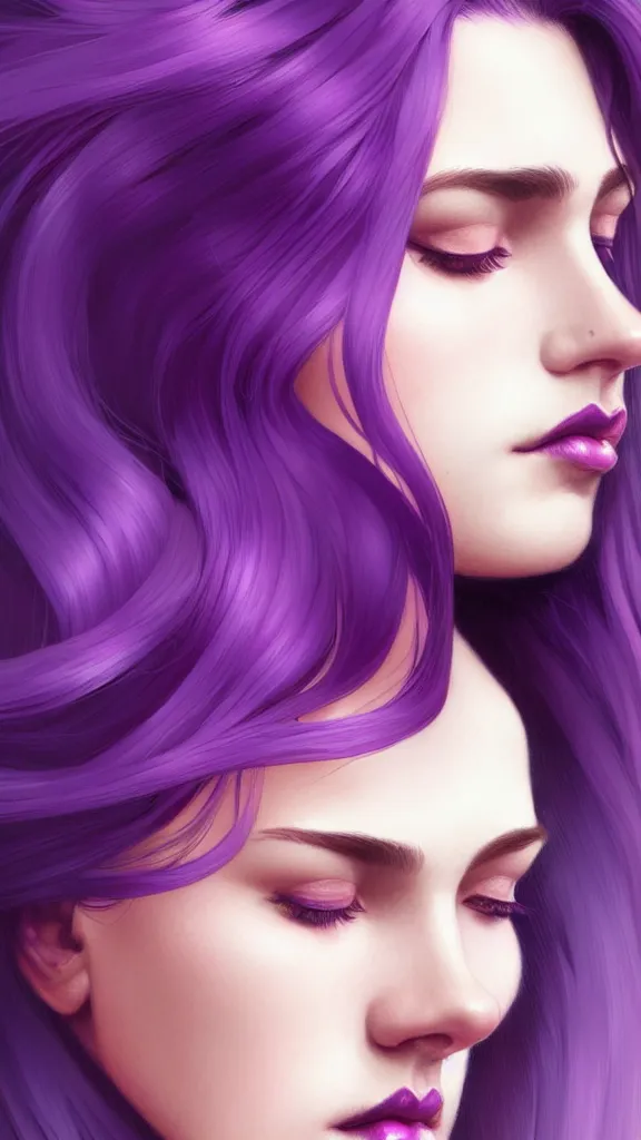 Image similar to Purple hair, creative colouring Portrait of woman face profile, fashion, coloured strands of hair, intricate, elegant, highly detailed, digital painting, artstation, concept art, smooth, sharp focus, illustration, art by artgerm and greg rutkowski and alphonse mucha, 8k