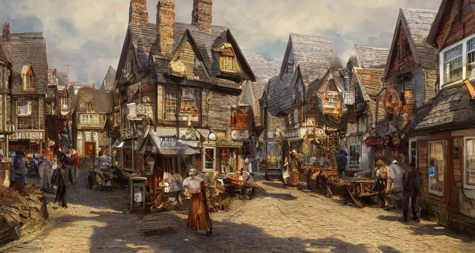 Prompt: victorian cornish fishing village, street scene, street level, digital painting by earl norem, hyperdetailed, artstation, cgsociety, 8 k