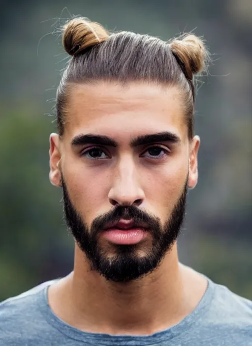 Image similar to a skinny young white male with a dark brown man bun for hair, no facial hair