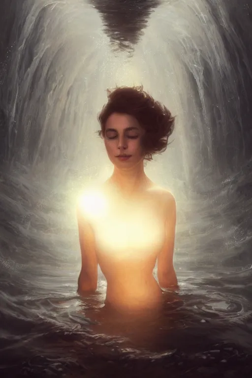 Prompt: meditation deep in dark murky water!!!, underwater atmospheric mood, asleep and dreaming! cinematic volumetric lights, bust portrait, dnd, fantasy, intricate, elegant, highly detailed, digital painting, artstation, concept art, smooth, sharp focus, illustration, art by artgerm and tom bagshaw and greg rutkowski and alphonse mucha