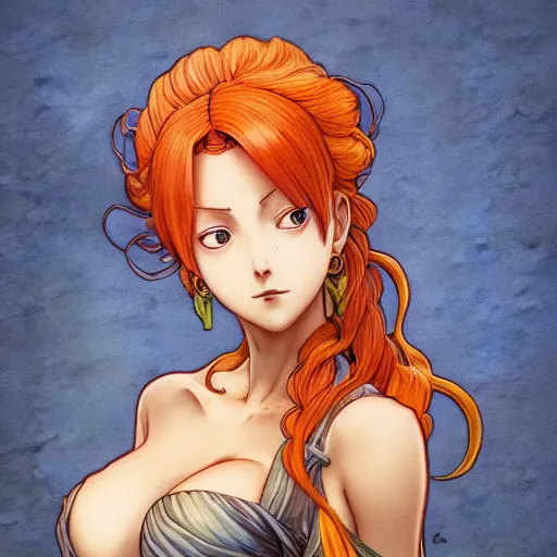 Prompt: intricately detailed vfx portrait of nami from one piece by eiichiro oda, makoto shinkai, alphonse mucha, art by artgerm and greg rutkowski, best of behance, concept art, matte, sharp focus, orange hair, elegant, adolphe bouguereau, annie leibovitz, stanley kubrick, cel shading, hdr,