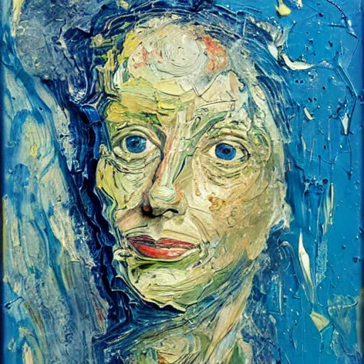 Image similar to oil paint impasto relief, portrait of woman's face, deep under water, lots blue colours, looking up, air bubbles, multi layered thick brush marks, some splattered paint, in the style frank auerbach and leonardo da vinci