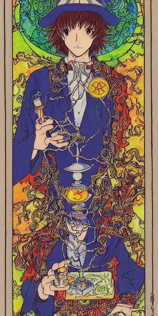 Image similar to a mystical man with a goblet on the table, wizard hat, drawn by Naoko Takeuchi, impressive line work, tarot card. tarot card the magician, psychedelic, intricate, detailed