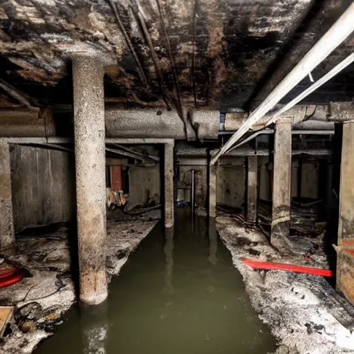 Image similar to deep underground bunker, flooded, dirty water, dense rusty pipes, dense cables