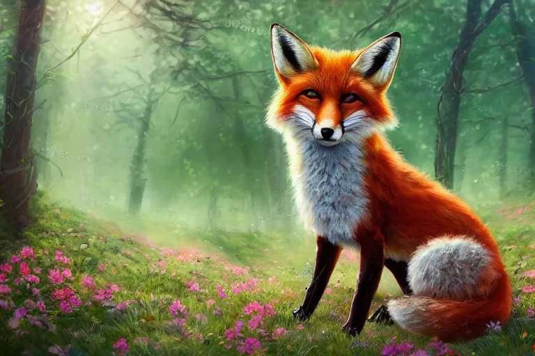 Prompt: a wide angle shot of a beautiful fox in the forest covered in flowers, sunlight beaming down, highly detailed brush style, soft fur, two pointed ears, thick fluffy tail, beautiful lighting, wildlife, digital art, trending on ArtStation