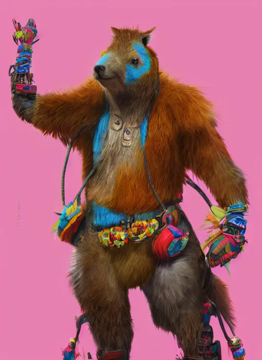 Image similar to detailed full body concept art illustration colorful pastel painting of an anthropomorphic capybara cowboy in full intricate clothing, biomutant, ultra detailed, digital art, octane render, 4K