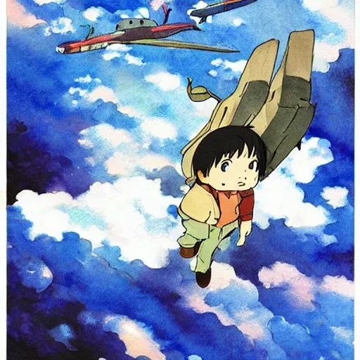 Prompt: sky fortress laputa hayao miyazaki flying high in the sky, watercolor illustration for a book
