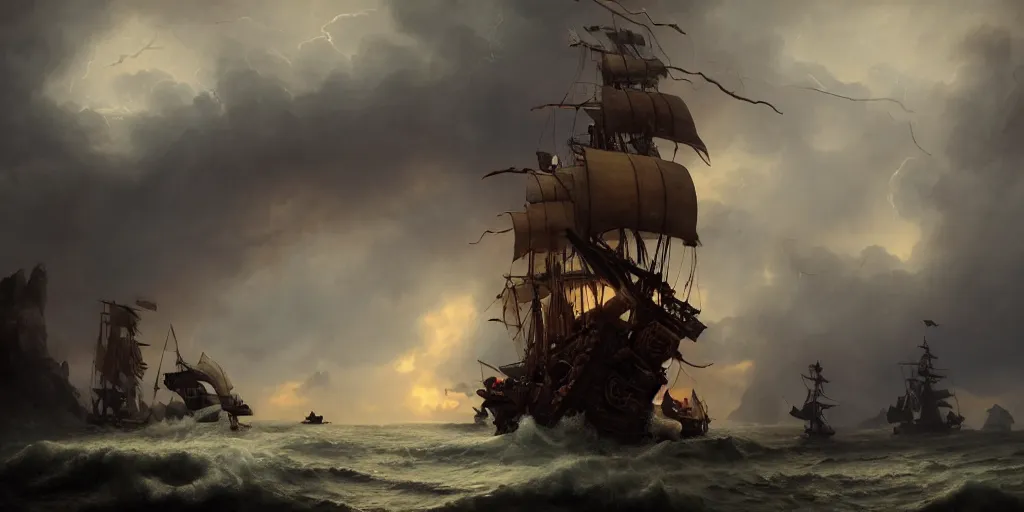Prompt: a pirate ship from 1 7 0 0 s in the middle of a storm, extremely detailed digital painting, in the style of fenghua zhong and ruan jia and jeremy lipking and peter mohrbacher, mystical colors, rim light, beautiful lighting, 8 k, stunning scene, raytracing, octane, trending on artstation