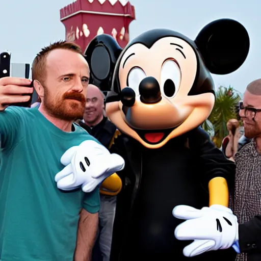 Image similar to walter white and jesse pinkman doing a selfie with mickey mouse, realistic