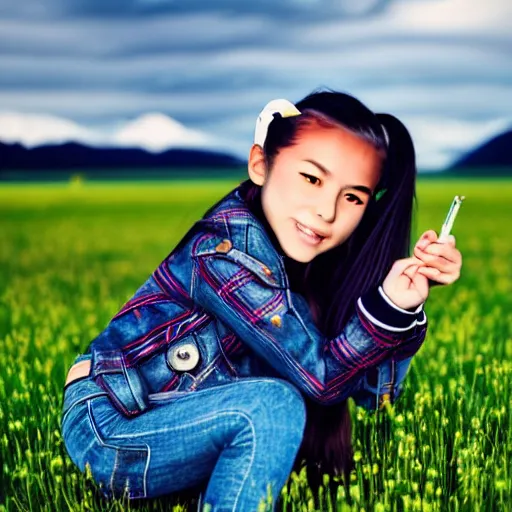 Image similar to a young girl plays on a great green meadow, she wears a jacket, jeans and boots, she has ponytails, photo taken by a nikon, highly detailed, sharp focus