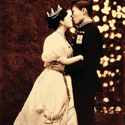 Prompt: An extreme long shot wide shot, colored black and white Russian and Japanese mix historical fantasy photographic portrait of a Royal wedding of the empress and the emperor share a tender kiss, golden hour, warm lighting, 1907 photo from the official wedding photographer for the royal wedding.