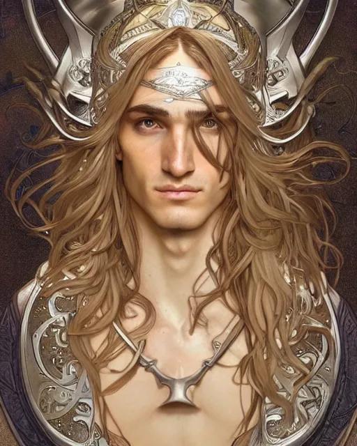 Image similar to pretty elven man, long hair, tan skin, fantasy, light silver armor, super detailed, very ornate, by alphonse mucha, artgerm, magali villeneuve, symmetrical face, 8 k, sharp focus, illustration