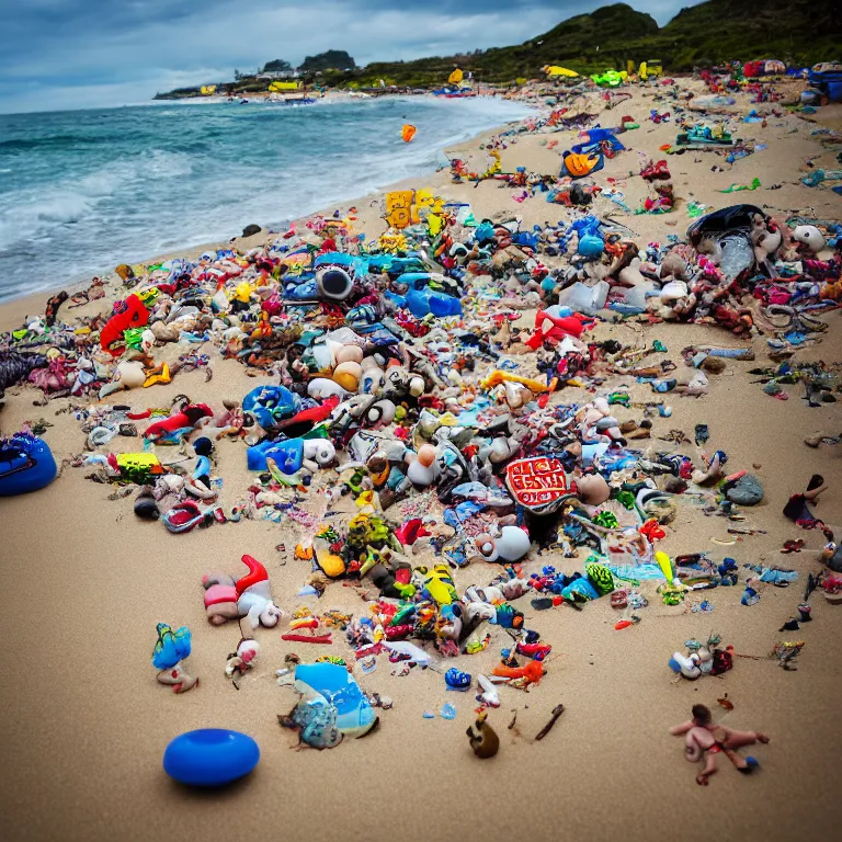 Prompt: surreal hyperrealistic photograph of a beach, toy dolls and parts of toy dolls strewn about, shot toward the ocean, wide shot, long shot