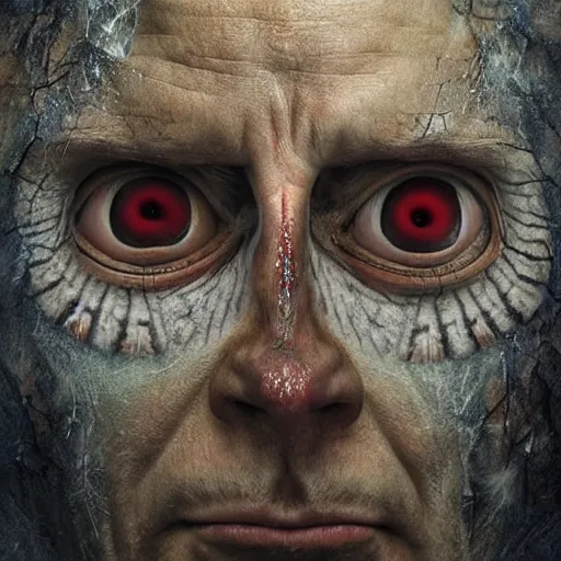 Prompt: michal karcz surrealism painting of the Jim Carrey as an all seeing God. His eyes are watching everything. , horror theme, detailed, elegant, intricate, 4k,