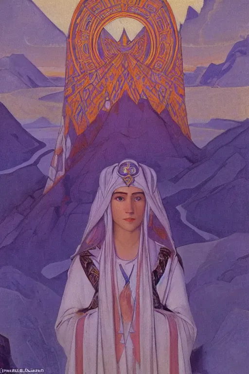 Image similar to queen of the dawn mountains, by Nicholas Roerich and jean delville , dramatic cinematic lighting , ornate headdress , lost civilizations