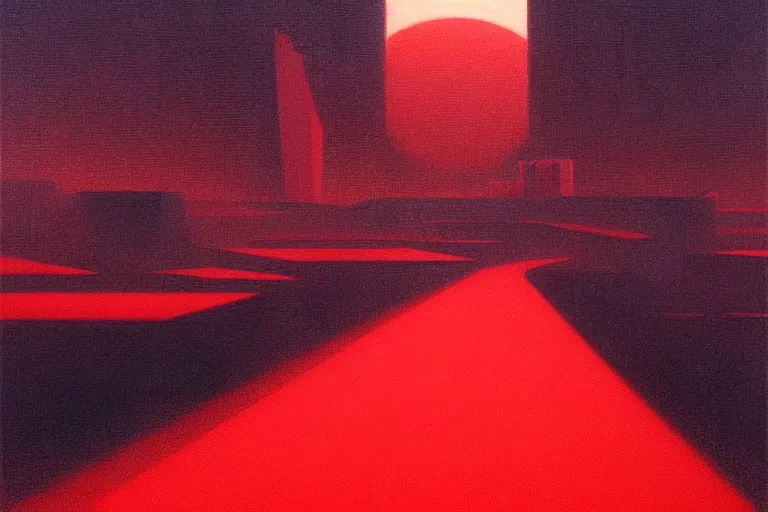 Prompt: only with red, red gif of death eat apple, a futuristic city in the background, an ancient path, in the style of beksinski, part by hopper, part by rodcenko, part by hofbauer, intricate composition, red by caravaggio, insanely quality, highly detailed, masterpiece, red light, artstation, 8 k