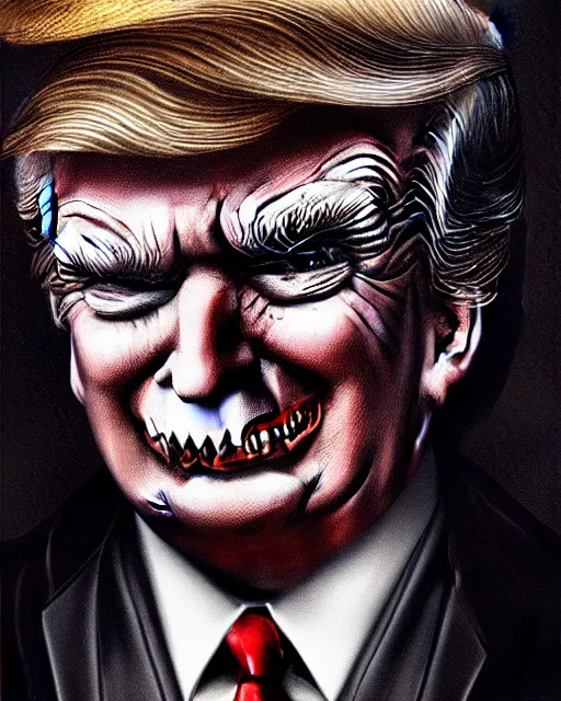 Image similar to donald trump as dracula with fangs out, character portrait, close up, concept art, intricate details, hyperrealism, photorealistic, in the style of otto dix and h. r giger