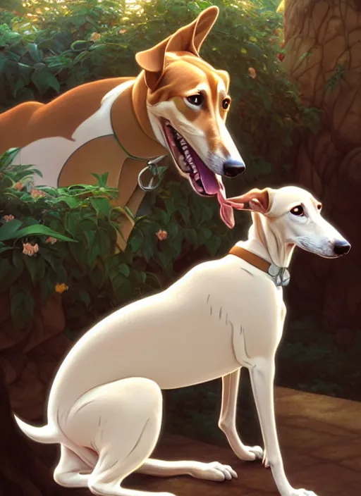 Image similar to white brown greyhound stealing food, natural lighting, path traced, highly detailed, high quality, digital painting, by don bluth and ross tran and studio ghibli and alphonse mucha, artgerm