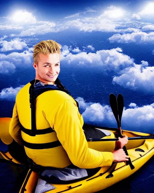 Image similar to realistic portrait of a blonde guy in a kayak over the clouds in the sky