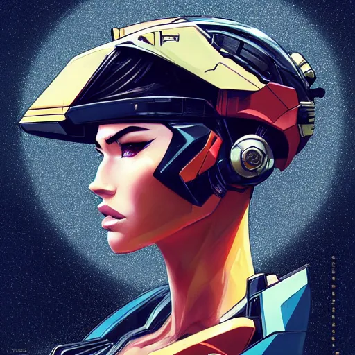 Image similar to a portrait of a stunning beautiful elite megan fox gundam pilot, with an intricate, detailed, urban inspired hiphop afro futuristic helmet, vector behance hd jesper ejsing, rhads, makoto shinkai, lois van baarle, ilya kuvshinov, rossdraws, hd, 3 2 k, ilya kuvshinov, gustav klimt