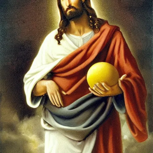 Image similar to painting of jesus christ delivering two balls from each hand