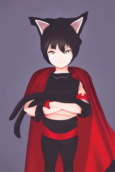 Image similar to little boy with cat ears in an black outfit with red cape. digital artwork made by lois van baarle and kentaro miura, sharpness focus, inspired by hirohiko araki and noir film, anatomically correct, heroic composition, hero pose, smooth