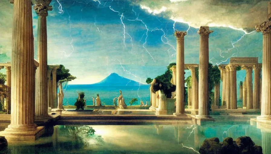 Image similar to Inside the giant Palace, mediterranean balustrade and columns line, refracted sparkles, thunderstorm, greek pool, beach and Tropical vegetation on the background major arcana sky and occult symbols, by paul delaroche, hyperrealistic 4k uhd, award-winning, very detailed paradise