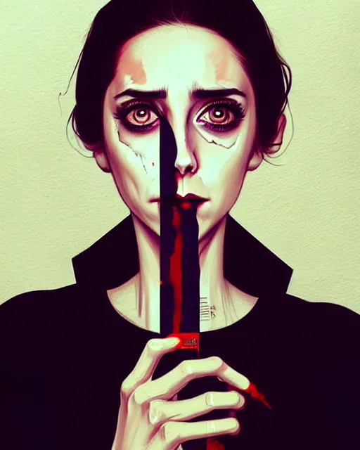 Image similar to loish, artgerm, Joshua Middleton art, Rafeal Albuquerque, pretty Alison Brie serial killer holding bloody knife in right hand realistic hand, blood on clothes and face, sarcastic smile, symmetrical eyes, symmetrical face, jean jacket, jeans, short blonde hair, middle shot, night time, deep blacks