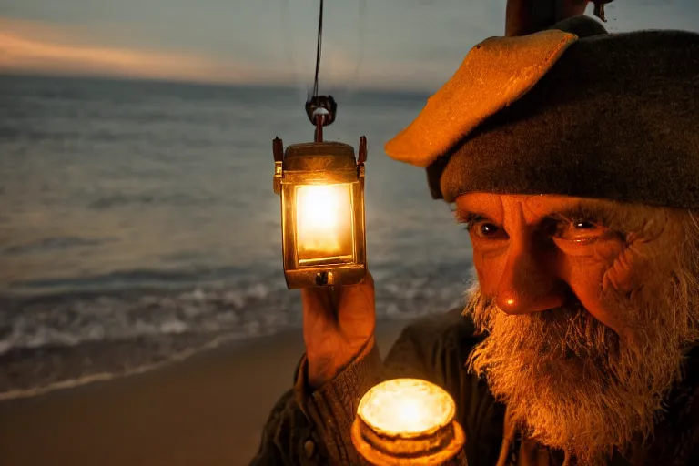 Image similar to closeup old man holding up a lantern on the beach in a pirate ship bay meet to a old wood shack by emmanuel lubezki