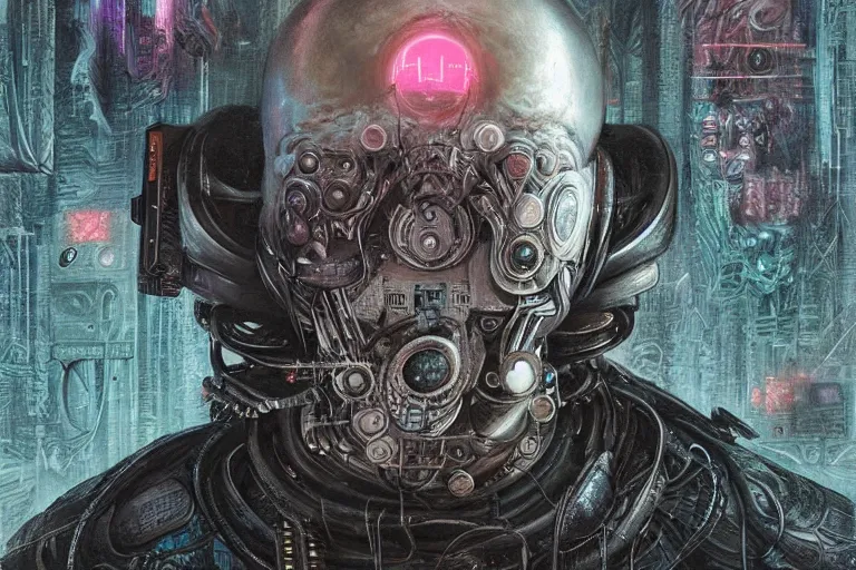 Image similar to highly detailed concept art of neuromancer characters, dystopian post - apocalyptic retrofuturistic neon vibe, an ultrafine detailed painting by hans giger and wayne barlowe, trending on deviantart, pop surrealism, whimsical, lowbrow, perfect symmetrical face, sharp focus, octane, masterpiece