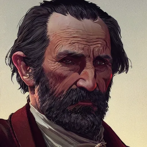 Image similar to large tan older - aged priest with dark hair in red dead redemption 2, gorgeous, beautiful, intricate, highly detailed, digital painting, artstation, oppressive lighting, concept art, sharp focus, illustration, art by greg rutkowski and alphonse mucha