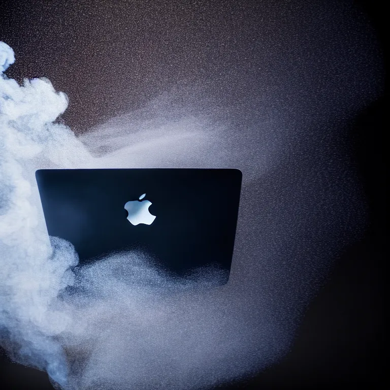Image similar to a photo portrait of a macbook disintegration in dust and smoke, cinematic photography, smoke rising like clouds, photorealism, canon 5 d, 5 0 mm lens, super resolution, cgi, volumetric lighting & shadows, hyper detailed, 8 k, unreal engine,