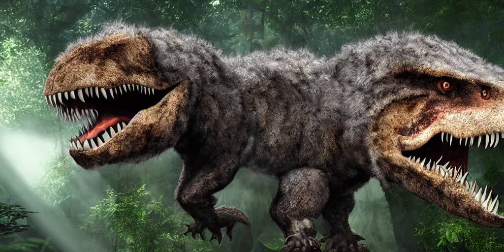 Image similar to photo realism, very fluffy tyrannosaurus rex, jungle background, 4 k, detailed