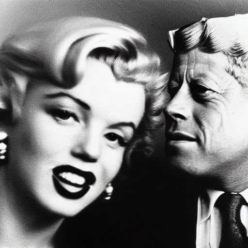 Image similar to damaged photo of marilyn monroe and jfk by diane arbus, black and white, high contrast, soft focus, rolleiflex, 5 5 mm f / 4 lens