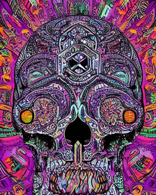 Image similar to an intricate exploding skull, screen print, colour explosion, voronoi, art by Gustavo Bernal, Garavato