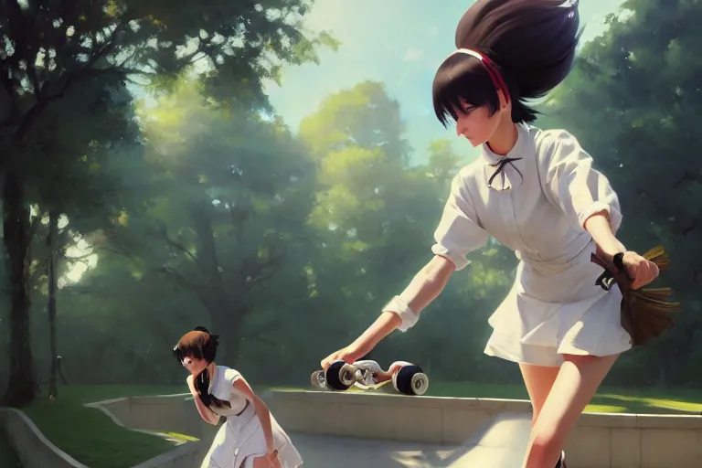 Image similar to A ultradetailed beautiful panting of a stylish woman in a maid outfit skateboarding, Oil painting, by Ilya Kuvshinov, Greg Rutkowski and Makoto Shinkai