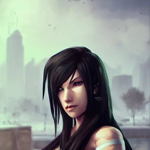 Image similar to A comic book style portrait painting of a Tifa Lockheart in a winter landscape, unreal 5, DAZ, hyperrealistic, octane render, RPG portrait, ambient light, dynamic lighting