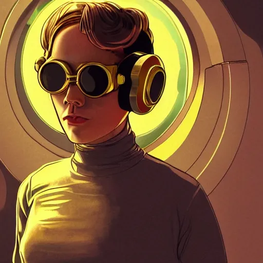 Prompt: science fiction, awkward brilliant female blond teenage tomboy girl with short hair, in a starship reactor room, wearing victorian brass goggles, alien 1 9 7 9, used future, artstation, michael whelan, ron cobb, digital illustration