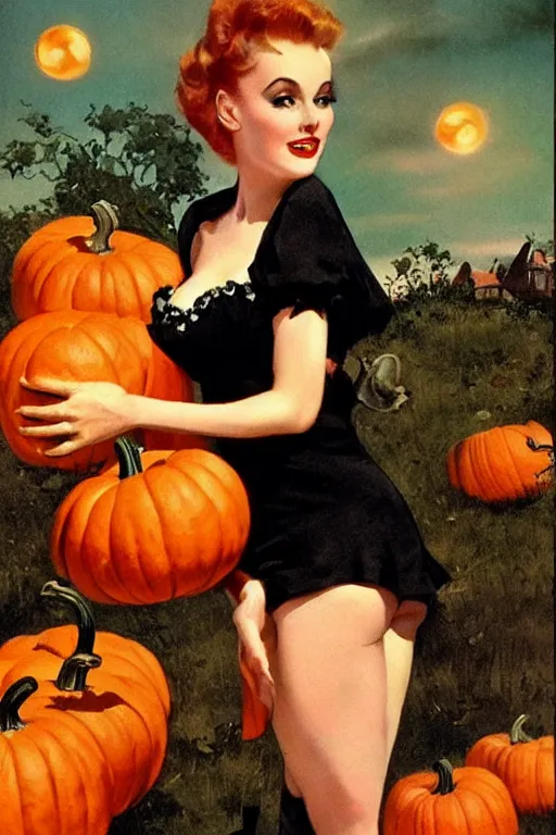Prompt: a beautiful vampire dressed in black picking out pumpkins by gil elvgren, highly detailed oil painting, vintage postcard, 1 9 5 0 s art print