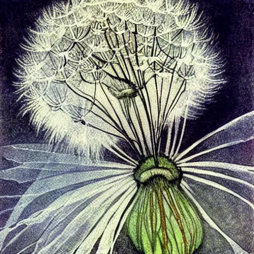 Image similar to a beautiful fairytale painting of a dandelion seed that is also a fairy. the dandelion seed is the body of the fairy. beautiful clear painting by arthur rackham