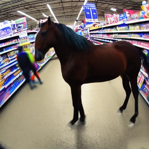 Prompt: a fisheye lens photo of a horse in a Walmart