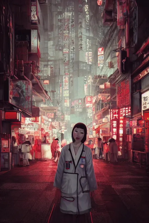 Image similar to portrait of a Japanese creepy nurse girl, wearing a straight jacket in a busy Tokyo street at night, neon lights, advertising, intricate artwork, nightmare fuel, terrifying, by akihiko yoshida , trending on artstation, greg rutkowski, cinematic, hyper realism, high detail, octane render, 8k