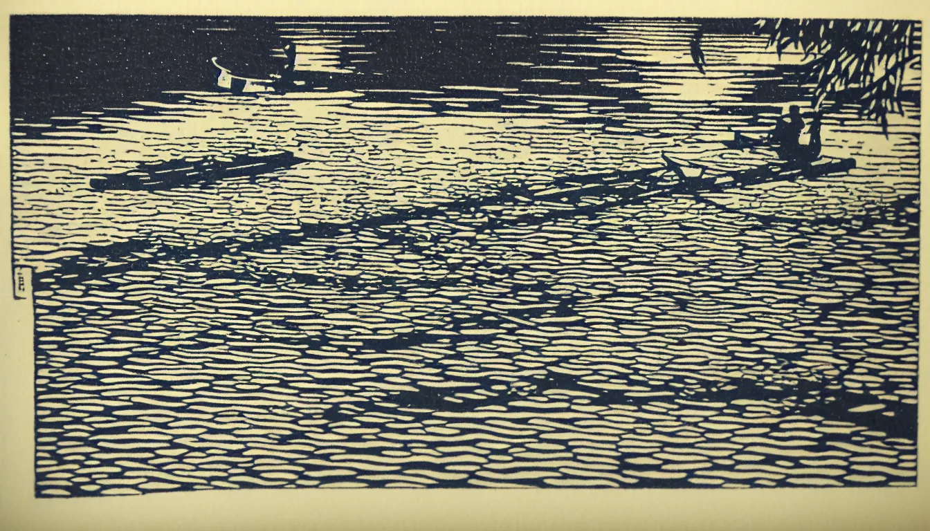 Image similar to sitting at the end of the dock woodblock print