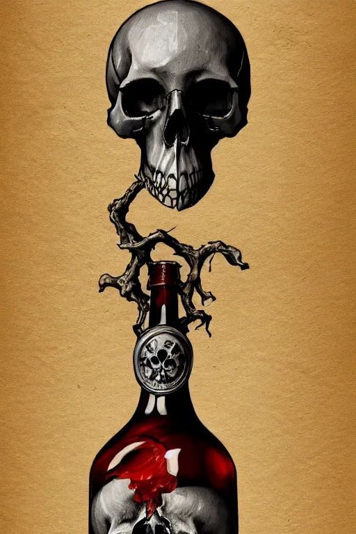 Image similar to Old alchemic manuscript detailing death with skull face holding broken wine bottle,intricate, elegant, highly detailed, digital painting, artstation, concept art, smooth, sharp focus, illustration, art by Ilja Repin