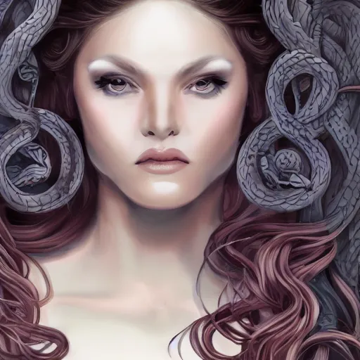 Image similar to character concept portrait of a beautiful woman with pale full face, medusa, with a lot of snakes for hair, blue / grey eyes, elegant, digital painting, art nouveau, smooth, focus, red glow