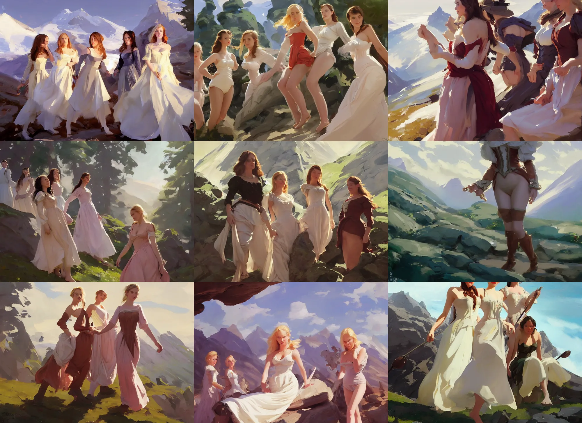 Image similar to five of beautiful finnish norwegian swedish scandinavian attractive glamour models wearing 1 7 th century bodice with low neckline walking in the mountains in a sunny day, jodhpurs greg manchess painting by sargent and leyendecker, studio ghibli fantasy close - up shot asymmetrical intricate elegant matte painting illustration hearthstone, by greg rutkowski by greg tocchini by james gilleard