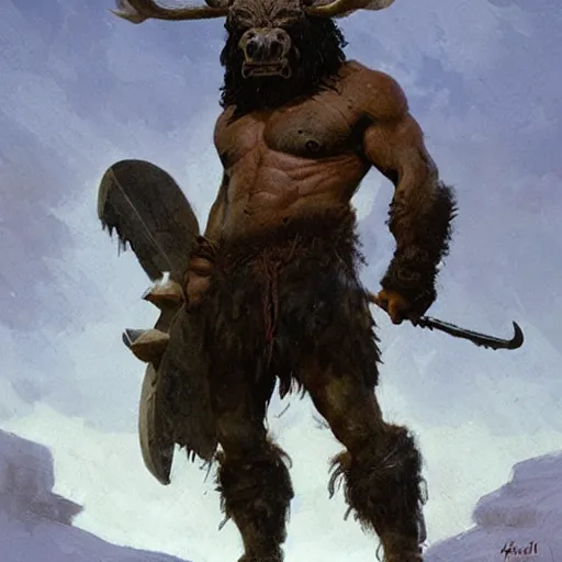 Image similar to hairy barbarian with moose head by greg rutkowski by frank frazetta