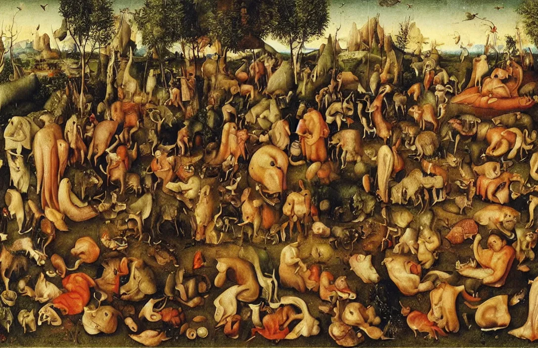 Prompt: vegetarians and carnivores, painting by bosch, extremely detailed triptych