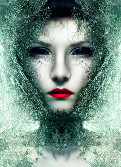 Prompt: double exposure effect, glowing silver and golden elements, female portrait model from shutterstock as a dark witch, book cover, green forest, white moon, red lips, establishing shot, extremly high detail, photo-realistic, cinematic lighting, pen and ink, intricate line drawings, by Yoshitaka Amano, Ruan Jia, Kentaro Miura, Artgerm, post processed, concept art, artstation, matte painting, style by eddie, raphael lacoste, alex ross